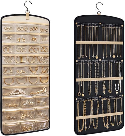 Ibenzoa® Dubbelzijdige hangende sieradenorganizer met draaibare haken en ruime opslag