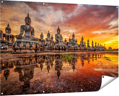 Gards Tuinposter Boeddha Beelden tijdens Zonsondergang - 150x100 cm - Tuindoek - Tuindecoratie - Wanddecoratie buiten - Tuinschilderij