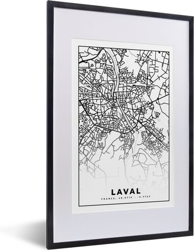 Fotolijst incl. Poster Zwart Wit- Kaart - Plattegrond - Laval - Frankrijk - Stadskaart - Zwart wit - 40x60 cm - Posterlijst