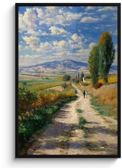 Poster in lijst - Fotolijst 80x120 cm - Posters - Mensen - Wandelen - Zandpad - Velden - Posterlijst zwart - Decoratie - Wanddecoratie woonkamer - Muurdecoratie slaapkamer