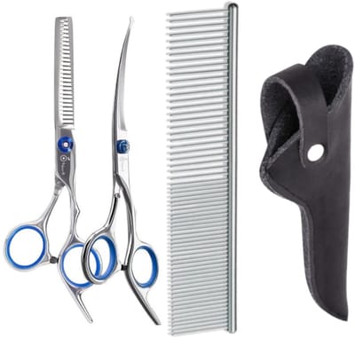 Professor Q Combo – Professionele Scharenset voor Honden – Uitdunschaar + Up Gebogen Trimschaar – RVS – Ergonomisch met Luxe Lederen Etui – 16,5 cm – Zwart + Anti-Klit Kam – Pijnloos & Huisdiervriendelijk