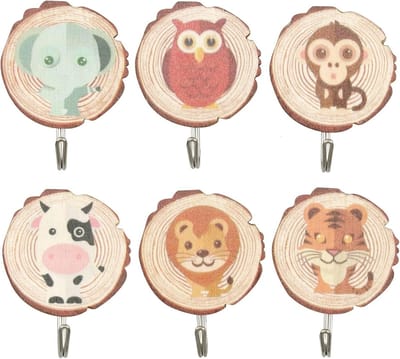 Set van 6 zelfklevende wandhaken van hout, ideaal voor kinderkleding, kinderkamer decoratie en opbergruimte met 6 dierenontwerpen