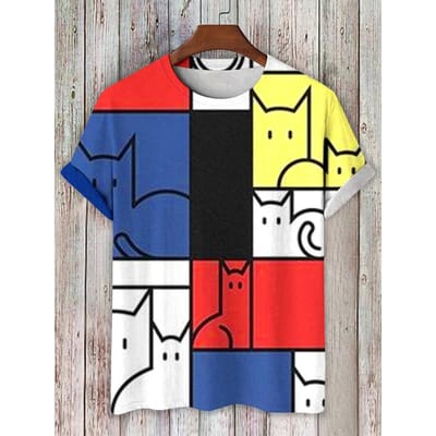 Cartoon Heren T-shirts Mondriaan Kat Bedrukt 3D Dames T-shirt Mode Korte Mouw O-Hals Tee Top Straat Herenkleding M black