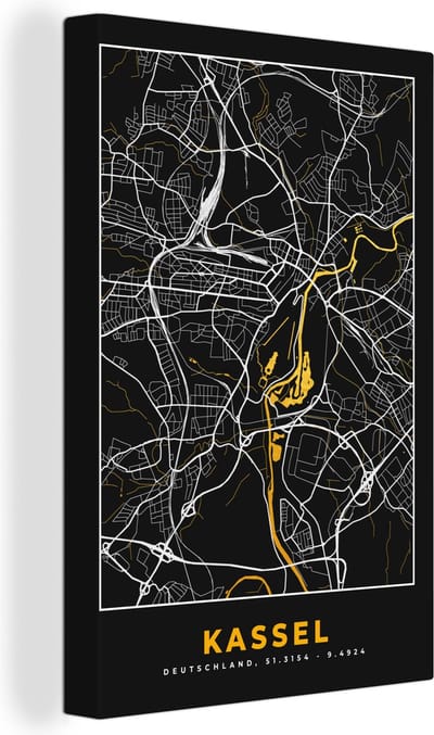 Canvas Schilderij Kassel - Duitsland - Kaart - Stadskaart - Goud - Plattegrond - 20x30 cm - Wanddecoratie
