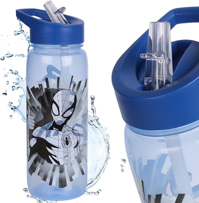 MARVEL Spider-Man WATER FLES met mondstuk en handvat, transparante FLES MET RIETJE 600 ml