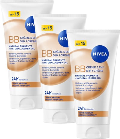 NIVEA Essentials 5in1 BB Dagcrème Medium SPF 15 - BB Cream - Jojoba-olie - Hydrateert en Camoufleert - Gekleurde Dagcrème - Voordeelverpakking 3x50 ml