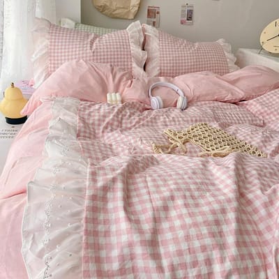 Koreaanse Prinses Stijl Ruit Dubbele Laag Kant Beddengoed Set Zachte Dekbedovertrek Ruitjes Stijl Dekbedovertrekken Set Hoeslaken Kussenslopen Single 150X200 3pcs