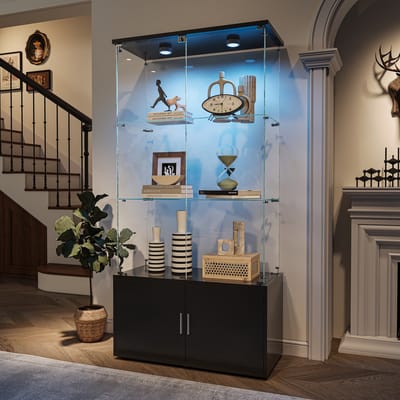 Zwarte Vitrinekast Met 3 Glazen Planken En Tiklamp, Moderne Displaykast Voor Woonkamer, Slaapkamer Of Kantoor, Elegant En Praktisch