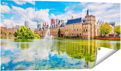 Gards Tuinposter Binnenhof met het Hofvijver in Den Haag - 100x50 cm - Tuindoek - Tuindecoratie - Wanddecoratie buiten - Tuinschilderij