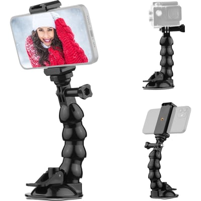 Support de téléphone à ventouse flexible de 16 cm/6,3 pouces, rotatif à 360°, pour pare-brise, 1/4 pouce noir