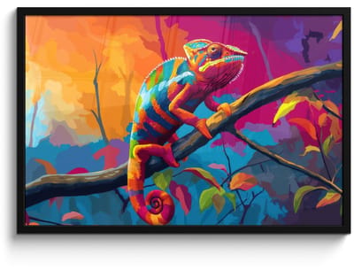 Poster in lijst - Fotolijst 90x60 cm - Posters - Kameleon - Tak - Gestreept - Bladeren - Posterlijst zwart - Decoratie - Wanddecoratie woonkamer - Muurdecoratie slaapkamer