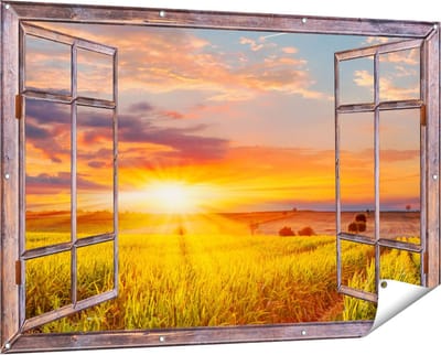 Gards Tuinposter Doorkijk Zonsopgang op het Maïsveld - 150x100 cm - Tuindoek - Tuindecoratie - Wanddecoratie buiten - Tuinschilderij