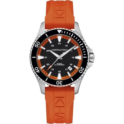 Montre homme Hamilton Khaki Navy Scuba Orange, bracelet en caoutchouc, cadran noir, automatique, H82395331, 100 m noir
