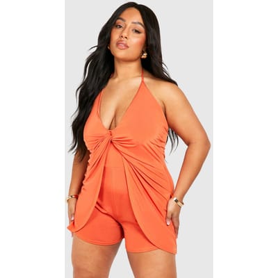boohoo Dames Plus Slinky Knot Detail Strappy Playsuit | Roest | Maat: 44