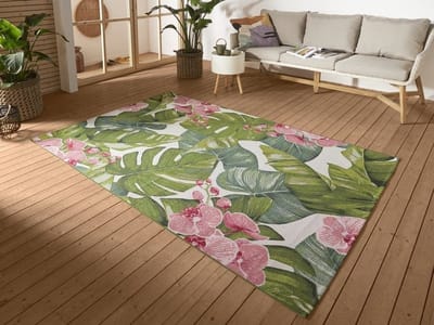 Flycarpets Flair Tropical Gebloemd Buitenkleed Groen / Roze - Vloerkleed Buiten - Laagpolig Tuinkleed, Tuintapijt, Buitentapijt - 240x340 cm