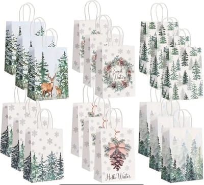 Kerst Winter Kraft Papieren Feesttassen - 21 cm hoog / Cadeautas / Tas Kerstmis - Merry Christmas Boom - Hert - Krans - Draagtassen - Tas / Tasjes - Goodiebags / Draagtas - Zakjes - Gedraaid handvat | Cadeau - Geschenk - Verpakking - DH collection