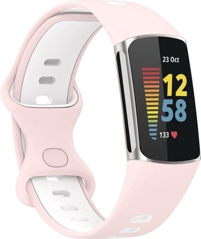By Qubix - Compatible Fitbit bandje - Geschikt voor Fitbit Charge 5 - Fitbit Charge 6 Sportbandje met dubbele lus - Roze / wit - Tweekleurig - Maat: L - Horlogeband - smartwatchbandje