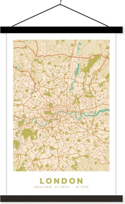 Posterhanger incl. Poster 40x60 cm - Schoolplaat - Londen - Stadskaart - Plattegrond - Vintage - Kaart - Textielposter - Zwarte latten - Stadskaart