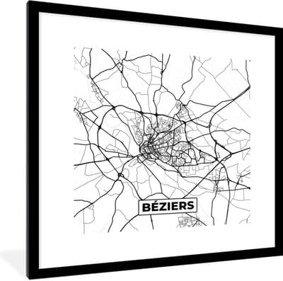 Fotolijst incl. Poster Zwart Wit- Frankrijk - Béziers - Plattegrond - Stadskaart - Kaart - Zwart wit - 40x40 cm - Posterlijst