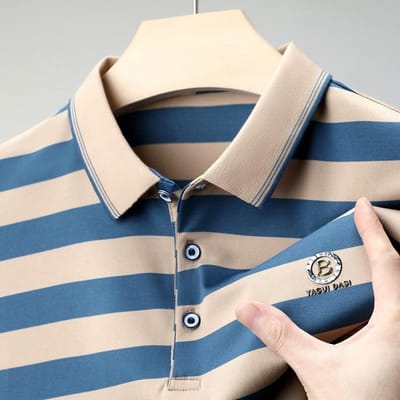 Lente en Zomer Nieuwe Stijl Gestreept Slim Fit Korte Mouw Polo Korte Mouw Heren T-shirt Casual Heren Poloshirt L gray