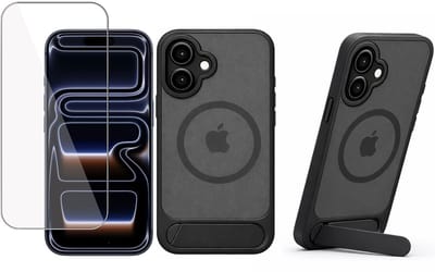 Hoesje met Kickstand + Screenprotector geschikt voor iPhone 16 – Geschikt voor MagSafe - Met Standaard - Draadloos Opladen – Zwart