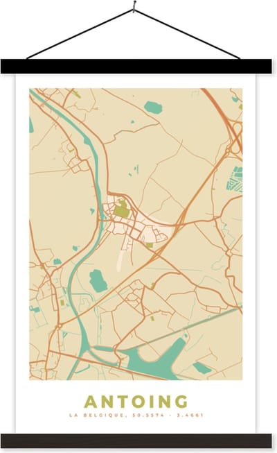 Posterhanger incl. Poster 40x60 cm - Schoolplaat - Stadskaart - Kaart - Plattegrond - Vintage - Antoing - Textielposter - Zwarte latten - Stadskaart