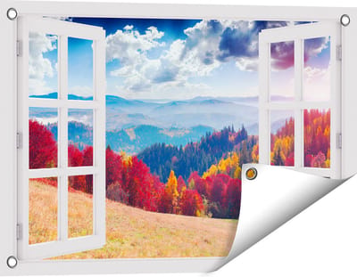 Gards Tuinposter Doorkijk Kleurrijke Herfstbos met Heuvellandschap - 60x40 cm - Tuindoek - Tuindecoratie - Wanddecoratie buiten - Tuinschilderij