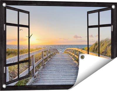 Gards Tuinposter Doorkijk Voetpad met Zee en Vogels - 60x40 cm - Tuindoek - Tuindecoratie - Wanddecoratie buiten - Tuinschilderij
