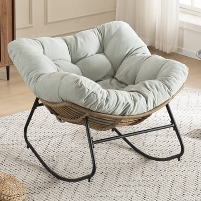 Schommelstoel - Fauteuil Met Chenille Bekleding - Gewatteerde Zitting Met Armleuningen - Voor Woonkamer En Slaapkamer - Lichtblauw