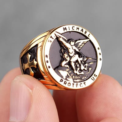 316L Roestvrij Staal St-Michaël Herenringen Goede Geluks Talisman Religieuze Persoonlijkheid Biker Ring voor Mannen Jongen Mode Sieraden Cadeau 7 black