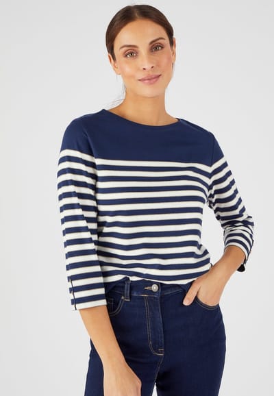 Damart - Glanzende marinière met driekwartsmouwen - Dames - Blauw - L