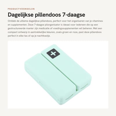 Dailygoods- Pillendoos 7 Dagen - Wekelijkse Pilorganisator - 7 Vakken - Duurzaam ABS - Compact 10 x 7 x 2,5 cm - Lichtgewicht 61 gram - Medicijnorganizer