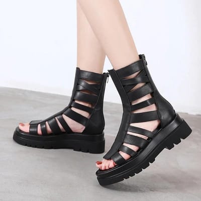 Zomer Nieuwe Dames Peep Toe Romeinse Bestseller Sandalen Rits Achterkant Mode Effen Platform Uitgesneden Casual Hoge Laarzen 39 zwart