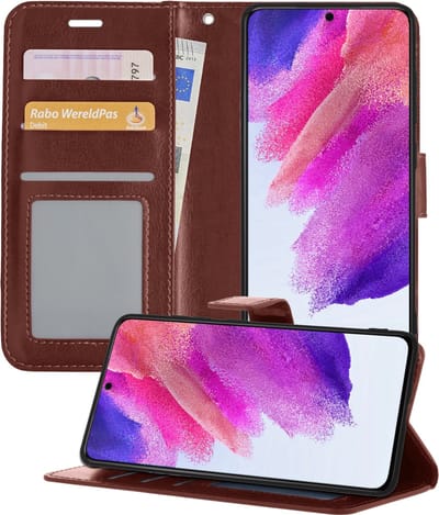 Hoesje - Met Pasjeshouder - Geschikt voor Samsung Galaxy S21 FE - Luxe Bookcase Portemonee - Flip Case - Kunstleer Book Case - Flipcase - Book Cover - Walletcase - Portemonneehoes - Telefoonhoesjes - Bruin