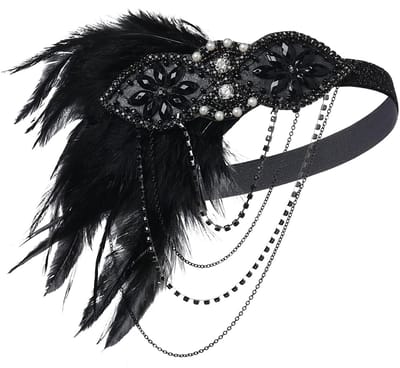 JeiibrZui Great Gatsby Hoofdband - Hoofddeksel Uit De Jaren 20 - Versierd Met Kristallen Kralen En Veren - 1 Stuk - Voor Feesten En Gala's Zwart
