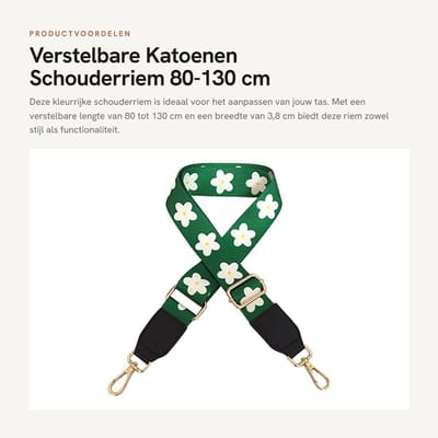 Dailygoods- Tasriem Verstelbaar 80-130 cm - Schouderriem - Tassenriem - Gouden Karabijnhaak - Katoen - 3,8 cm Breed - Schouderband