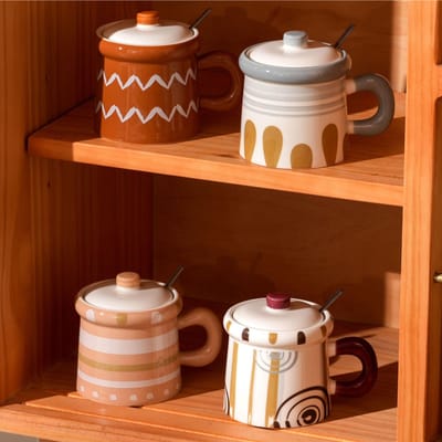 Huishoudelijk Pak Retro Keramische Kop met Deksel Lepel Mok Hittebestendig Kantoor Waterbeker Japanse Creatieve Beker Persoonlijkheid 500ML orange