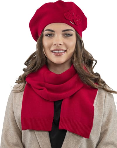 Vivisence Dames Winter Set Baret En Sjaal - Wolmix Gebreid Met Applicatie Op De Voorkant En Perfecte Pasvorm - Heerlijk Warm En Comfortabel Voor Dagelijks Gebruik Tijdens Koude Winterdagen - Rood