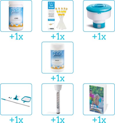 Zwembad Onderhoudspakket - Onderhoud Zwembad - bevat Chloor - Testrips - Chloordrijver - Chloor - Schoonmaakset - Thermometer en Zwembadgids (7-delig)