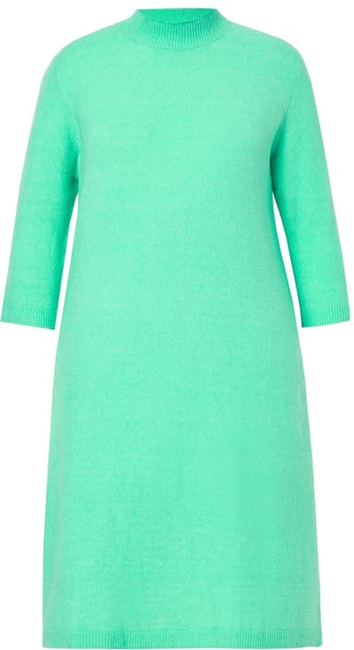 Ulla Popken - Dames - Gebreide jurk A-lijn opstaande kraag 3/4-mouwen - Blauwgroen - Maat 46+