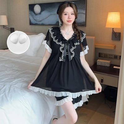 Kortemouwen Pyjama Dames Zomerpak Kortemouwen Frans Mesh Paleisstijl Kant Huiskleding M black