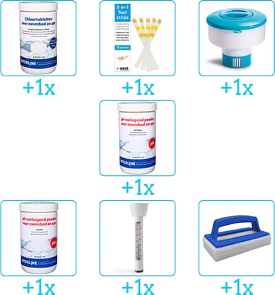 Zwembad Onderhoudspakket - Onderhoud Zwembad - bevat Chloor - Testrips - Chloordrijver - PH-min - PH-plus - Thermometer en Scrubborstel (7-delig)