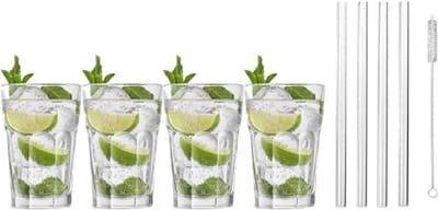 4x Cocktailglazen / Mojito glazen transparant 410 ml - Inclusief 4x glazen herbruikbare rietjes