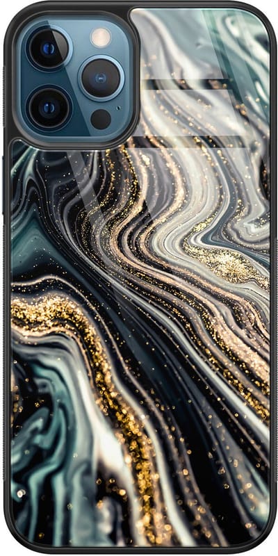Hoesje geschikt voor iPhone 12 - Marmer swirl - Luxe Glazen Hardcase - Marmer - Blauw - Leuke Telefoonhoesjes