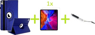 Geschikt voor Apple iPad Air 4 (2020) 10.9 inch Multi Stand Case - 360 Draaibaar Tablet hoesje - Tablethoes - Donkerblauw + 1x Screenprotector +  Stylus