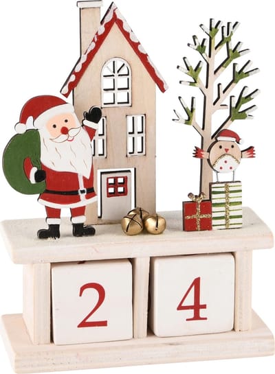 Dekoratief | Kalender m/santa, naturel/rood, hout, 13x6x18cm | A245394