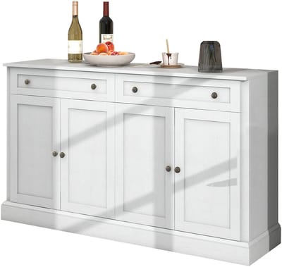 Groot dressoir met 4 deuren en 2 lades, moderne buffetkast voor eetkamer en woonkamer, 150 x 40 x 86 cm (L/B/H) – (Antiek wit)