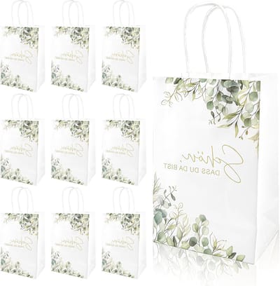 Set van 10 kleine cadeauzakjes met handvat, wit papier, 21 x 15 x 8 cm, voor bruiloften, verjaardagen en feestelijke gelegenheden met dubbele patronen