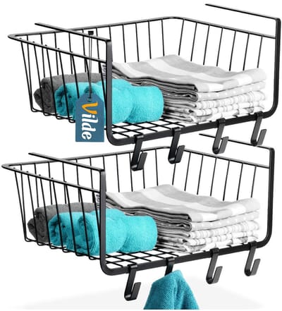 Onder Plank Hangende Metaal Zwart 40,5x26x16 cm 2 stuks - Mand - Plankmand - Organizer - Mandje - Opslagmand voor Keuken - Kantoor - Pantry - Badkamer - Kabinet
