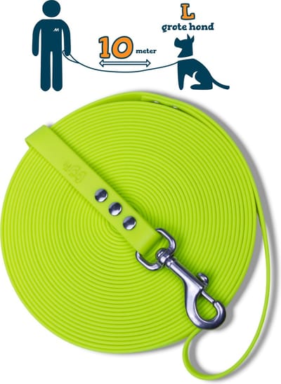 Miqdi lange lijn – BioThane® - neon geel – 10 meter lang – 19mm breed – L/XL - grote hond– lange hondenriem